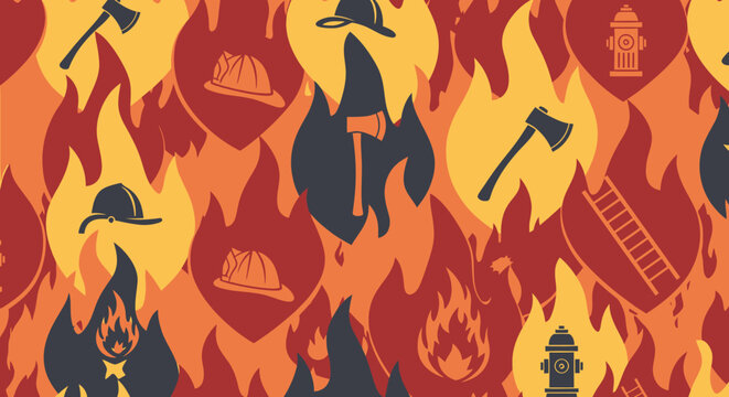 Firefighter tools in flames background.