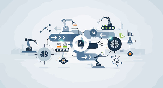 Vector illustration of an abstract background featuring a cartoon robot with various transport vehicle icons like cars, trucks, buses, and delivery vans in a clean modern design