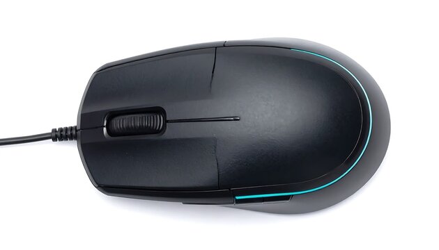 A black computer mouse with blue accent on a white background