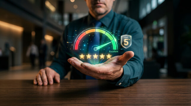 Customer Satisfaction and Excellence: A professional, holding a holographic representation of a five-star rating.