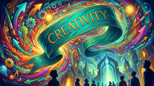 A vibrant, dynamic banner unfurling with the word "CREATIVITY" illuminated, surrounded by a swirling kaleidoscope of bright colors, artistic tools, musical notes, conceptual gears, and illuminating