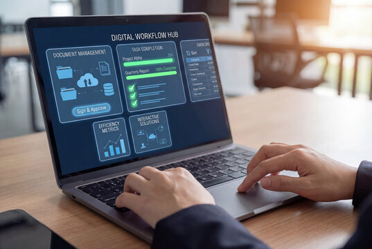 Close up of professional hands on a laptop keyboard with a screen showing a digital workflow hub and document management system on a desk.