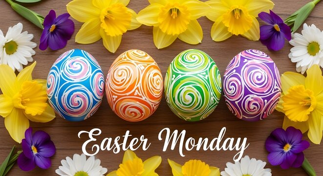 Colorful easter monday celebration with painted eggs and spring flowers