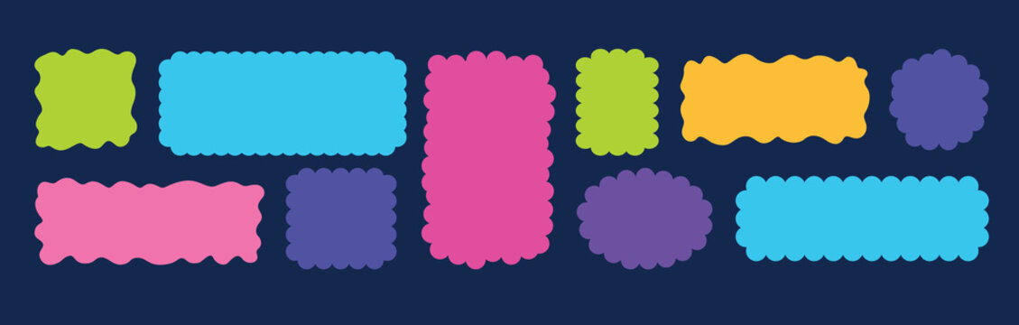 Сolorful label shapes on a dark navy background. Bright wavy rounded rectangles and badges for kids labels, stickers. Flat vector illustration with blank copy space.
