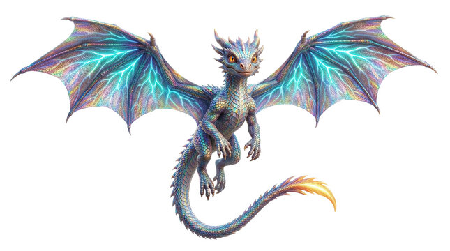 Playful iridescent dragonet with glowing cyan vein patterns on wings