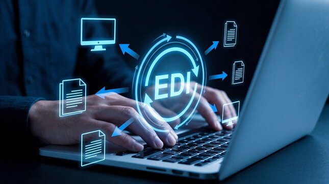Businessman working with EDI electronic data interchange on laptop