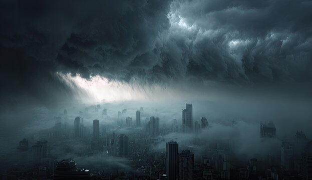 Dark, dramatic storm clouds loom over a foggy city skyline at dusk