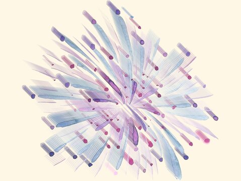 Abstract art depicting an explosion of colors in a starburst pattern. Soft pastel hues of blue, purple, and pink radiate outward with linear streaks and circular dots. The design creates a sense of dy