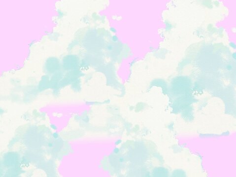 Abstract image featuring a pattern of soft, fluffy clouds in light blue against a pastel pink background. The clouds have a watercolor texture, giving them a dreamy and ethereal appearance. The compos