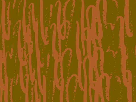 Brown and olive green abstract pattern featuring vertical, wavy lines and irregular shapes. The design is reminiscent of organic, flowing forms, creating a natural, textured appearance. It utilizes ea