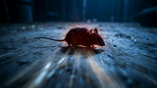 Tiny illuminated house mouse scurrying across a dark wooden floor with dramatic low-angle lighting suggesting urgency and shadow.