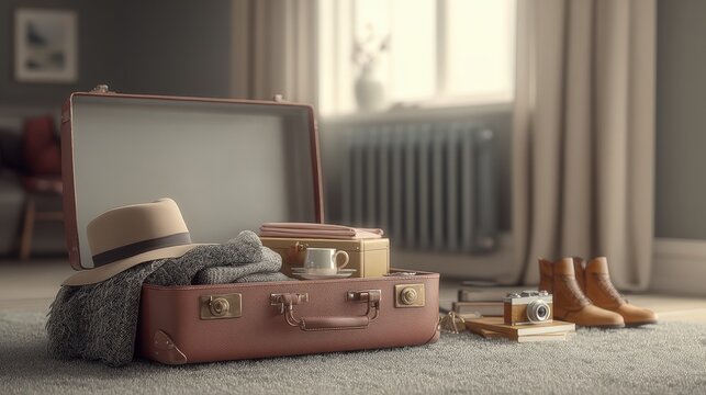 Vintage Suitcase Packed for Travel with Hat Camera and Boots