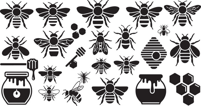 Black and white bee icons and honey symbols illustration