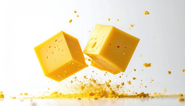 Two Cubes of Yellow Cheese with Crumbs Falling.