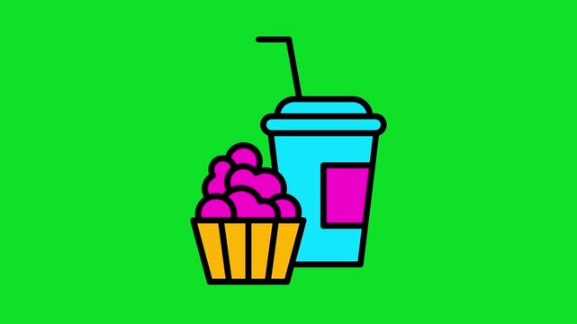 Popcorn and Soda Icon Set 4K stock animation video on a green screen for chroma key background in video editing.