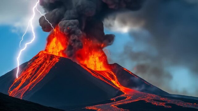 A volcano erupts with lava and smoke, lightning striking beside with dark and blue skies