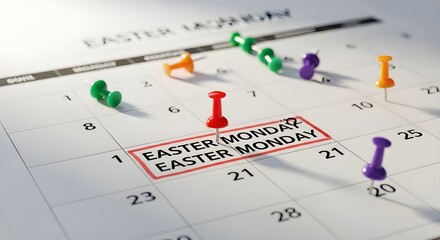 Easter monday on a calendar with a red pushpin marking the date