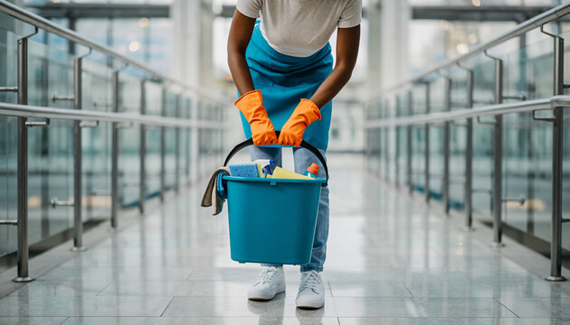Cleaner Carrying Blue Bucket with Gloves in Modern Hallway