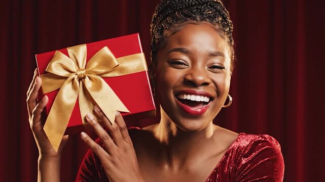 A joyful person with braided hair smiles brightly while holding a red gift box with a golden ribbon, celebrating a special occasion with excitement