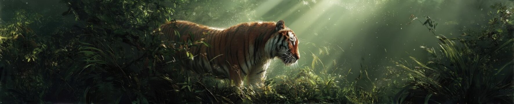 Majestic Tiger in Sunlit Dense Jungle Forest