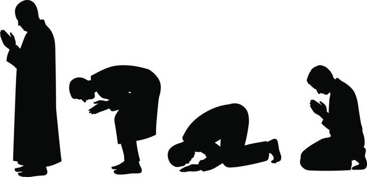 Muslim man praying silhouette set showing different positions like standing, bowing, prostrating, and sitting for Islamic religious festivals, prayer guides, and spiritual design projects.