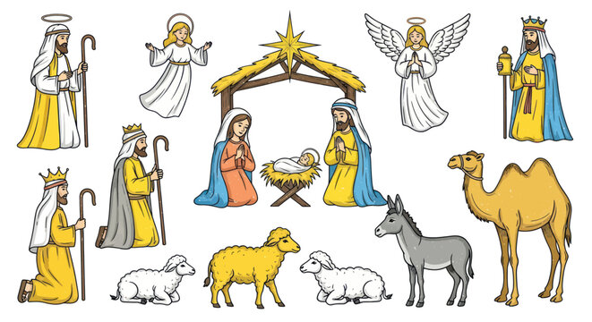 Nativity Scene Christmas Illustration with Mary, Joseph, Baby Jesus, Angels, Wise Men and Animals