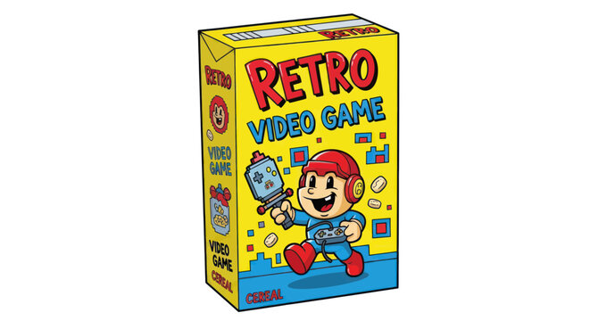 Retro Video Game Cereal Box with Cartoon Character Holding Controller