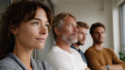 Obraz premium A diverse team of professionals stands together looking thoughtfully into the distance embodying collabo n and future vision