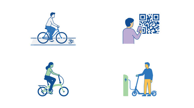 Micromobility options with cyclist, scooter, e-bike