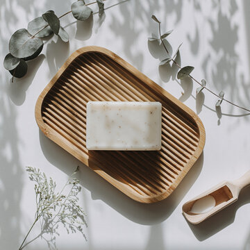 Natural Soap Bar on Bamboo Drainer with Eucalyptus Leaves