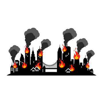 Cityscape Silhouette on Fire with Smoke Plumes and Flames