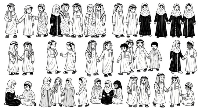 Children in Traditional Arab Clothing Holding Hands Together.
