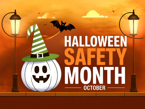 Halloween safety month poster with jackolantern and bat illustration