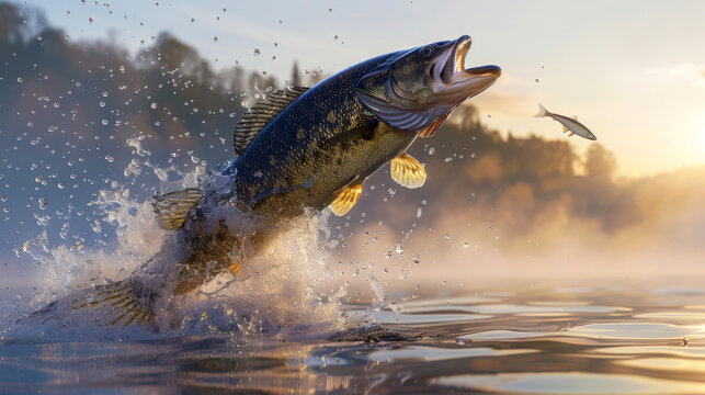 Large pike perch leaps high out of the water. The freshwater predator chases small fish in mountain lake, early morning.