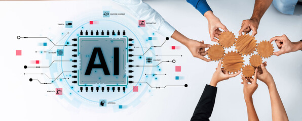 Obraz premium A technical diagram illustrating the core capabilities of Artificial Intelligence. This includes machine learning, robotics, speech recognition, and interactive chatbot technology. Fermion