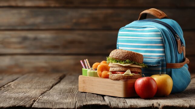 Colorful healthy school lunch box with sandwiches, fresh fruits, and snacks next to a backpack on a rustic wooden table, back-to-school concept, nutritious kid-friendly meal, bright top-down food phot