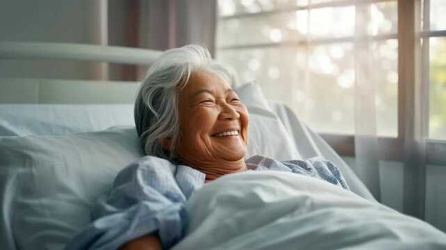 Elderly asian female patient lying in hospital bed gazing toward window light with peaceful contemplative expression showing resilience and calm in a quiet medical room at sunrise