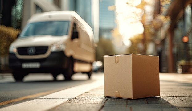 A brown cardboard box sits on a sidewalk with a delivery van in the background