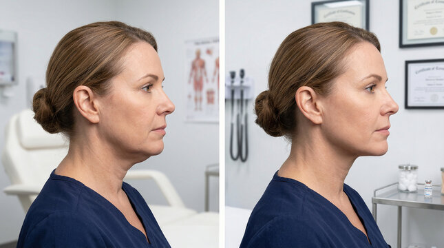 Woman profile showing before and after submental fat treatment