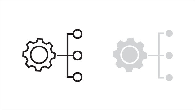 Gear with connected nodes line icon. Outline symbol representing system integration, automation, workflow, technology network, and digital processes.