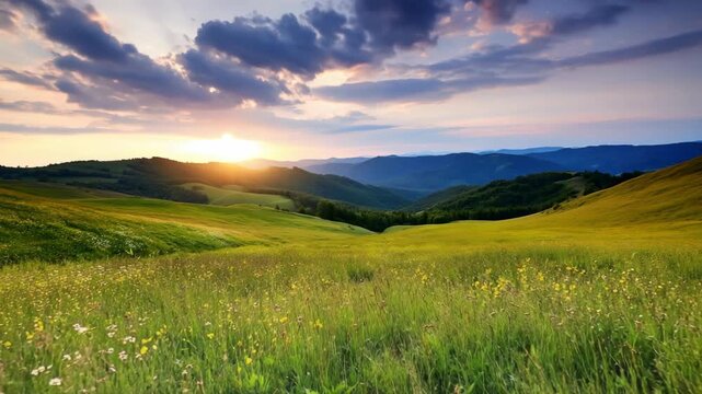 Sunset rolling green hills meadow wildflowers pastoral landscape with distant mountains and dramatic sky