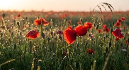 Obraz premium Red Poppy Flowers in a Meadow with Morning Dew at Sunrise