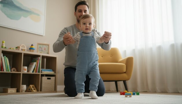Caucasian male adult helps young child take first steps in cozy living room