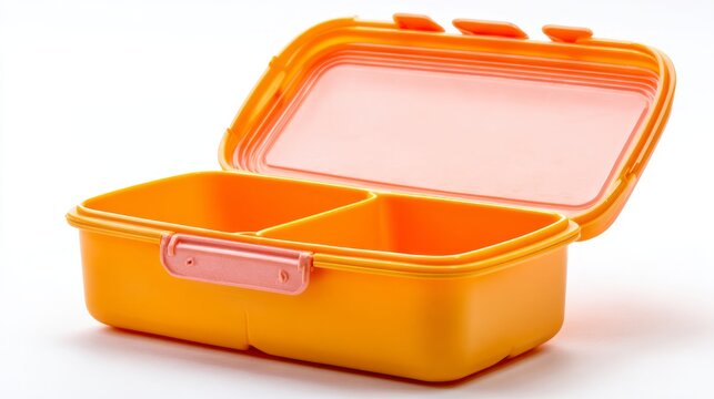 Open plastic lunch box with empty compartments isolated on white background, reusable food container for school meals, meal prep storage concept with clean minimal composition and copy space for nutri