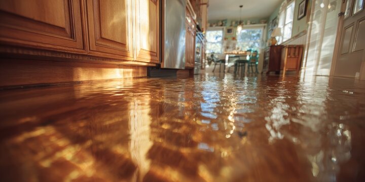 Sunny kitchen with gleaming metallic epoxy floor reflecting light