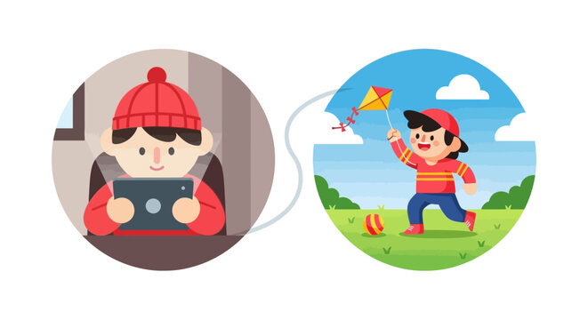 Boy playing with tablet indoors contrasts with a boy playing outside with a kite and ball