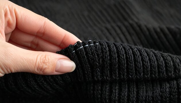 A close-up view of a hand adjusting a black ribbed sweater sleeve