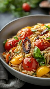 Delicious orzo salad with roasted tomatoes and fresh basil in gray bowl