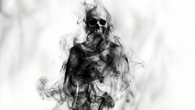 A haunting black and white image features a detailed human skull emerging from a swirling ethereal body of dark, wispy smoke, creating an unsettling and mysterious phantom-like figure, evoking themes