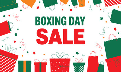 Fototapeta premium Vibrant flat design vector illustration for Boxing Day Sale with red and white diagonal stripes, vector illustration